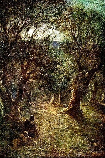 Pray! Illustration: Jesus Praying in the Garden of Gethsemane, William Brassey Hole (Scottish, 1846-1917), Unknown location at this time, https://www.meisterdrucke.us/fine-art-prints/William-Brassey-Hole/101949/Jesus-praying-in-the-Garden-of-Gethsemane.html Jesus In The Garden Of Gethsemane, Pray Illustration, Jesus Praying In The Garden, The Garden Of Gethsemane, Easter Play, Spiritual Reflection, Art Content, Landscape Reference, Garden Of Gethsemane