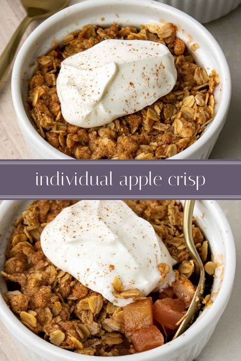 Whether you’re looking for a comforting snack or an individual dessert, this single serving apple crisp is a delicious treat that will satisfy a sweet tooth Apple Crisp One Serving, Single Serving Apple Pie, Single Serve Apple Crisp Healthy, Apple Baked Oatmeal Single Serving, Healthy Apple Desserts For One, Apple Ramekin Dessert, Apple Crisp Bowl, One Apple Dessert, One Serving Apple Crisp