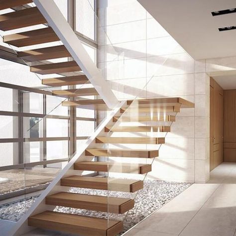 Floating Glass Staircase, Floating Staircase In Front Of Window, Staircase With Glass Wall, Floating Stairs Glass Railing, Free Floating Stairs, Glass Wall Stairs, Staircases Ideas Modern, Floating Staircase Modern, U Shape Staircase Design