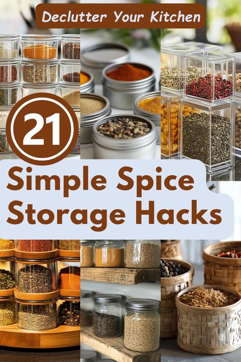 Say goodbye to cluttered cabinets with these easy spice storage hacks! Perfect for small kitchens, these ideas bring order and style to your cooking space. #SpiceStorage #KitchenOrganization #StorageHacks #OrganizedKitchen #CookingTips Ideas For Spices In Kitchen, Small Kitchen Spice Storage, Spice Containers Ideas, Spices Organization Ideas, Spice Jars Ideas, Spice Rack Diy, Diy Spice Storage, Spice Storage Ideas, Spice Rack Ideas