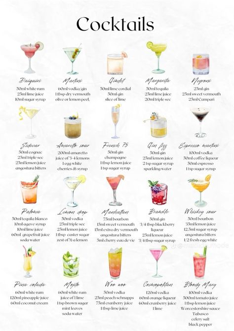 cocktails receipe Bartender Drinks Recipes, Bartender Drinks, Yummy Alcoholic Drinks, Cocktail Poster, Pretty Drinks, Cocktail Drinks Recipes, Cocktail Menu, Drinks Alcohol, Drinks Alcohol Recipes