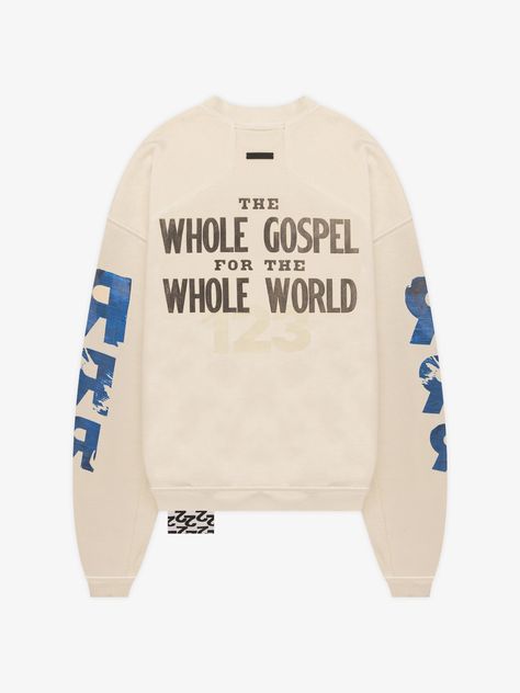 The second concept from FEAR OF GOD x RRR 123 is made in a limited edition crewneck sweatshirt that highlights the unique stylized graphics of Rivington roi Rebis. Fear Of God Hoodie, Crewneck Streetwear, Address Label Template, Essentials Fear Of God, Fear Of God, Knitwear Tops, Sweatshirt Designs, Kids Tops, Vintage Tshirts