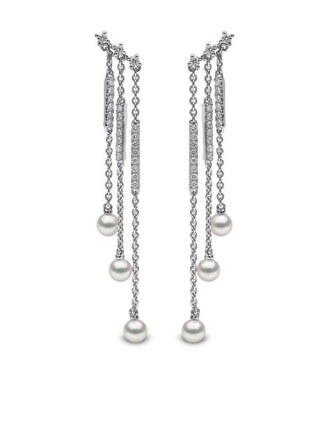 18kt white gold Sleek Akoya pearl and diamond earrings from YOKO LONDON featuring AA quality pearls, for pierced ears and G/H SI quality grade diamonds. Two's company. These earrings come as a pair. This piece comes with a certificate of authenticity. Pearls should be the last thing that you put on in the morning and the first thing you take off at night. Avoid contact with perfumes or creams, and simply wipe with a soft cloth to clean . White Akoya Pearl Drop Earrings, Akoya Pearl White Dangle Earrings, Luxury White Gold Akoya Pearl Earrings, White Akoya Pearl Earrings, Luxury Akoya Pearl White Earrings, Gold G, Luxury Diamonds, Pearl And Diamond Earrings, Yoko London