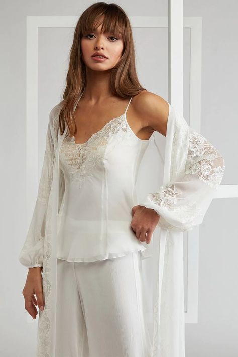 Silky Chiffon Pyjama Set with Long Robe - Off White Bride Dressing Gown, Bridal Nightwear, Silk Robe Long, Bridal Pajamas, Bridal Kimono, Silky Pajamas, Bride Lingerie, Silk Nightwear, Pajama Fashion