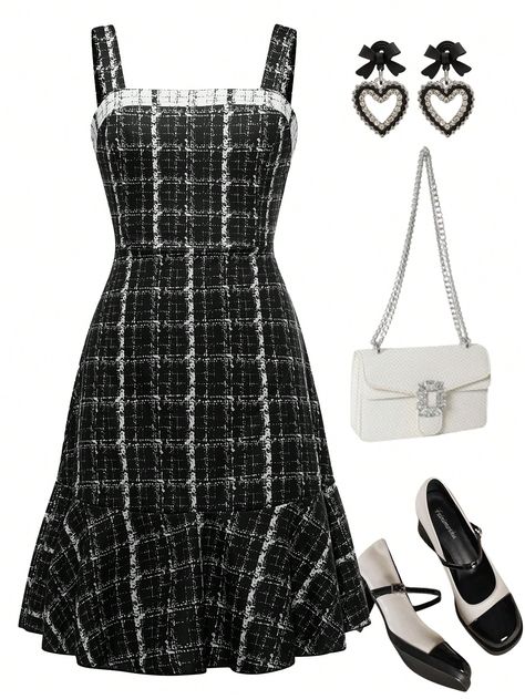 Teen Girls Elegant Ladylike Spaghetti Strap Color Block Dress Black and White   Sleeveless Polyester Plaid Cami Non-Stretch  Teen Girls Clothing, size features are:Bust: ,Length: ,Sleeve Length: Teen Girl Dresses, Color Block Dress, Old Dresses, Block Dress, Arte Popular, Colorblock Dress, White Sleeveless