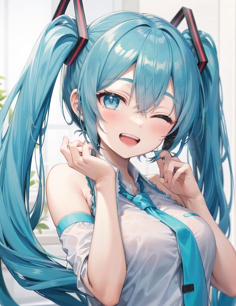 masterpiece, best quality, hatsune miku, 1girl, white shirt, blue necktie, bare shoulders, very detailed background, hands on own cheeks, open mouth, one eye closed, clenched teeth, smile Anime Close Up, Hand On Cheek Reference, Anime Closed Eyes, Hands On Cheeks, Detailed Background, Miku Hatsune Vocaloid, Blue Necktie, Anime Smile, Anime Drawing Books