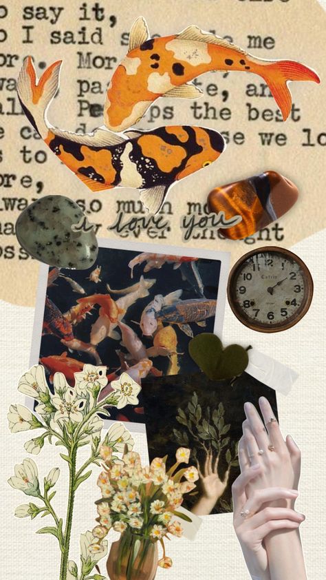 koi #koifish #vintage #moodboard #collage #aesthetic Koi Fish Widget, Koi Fish Wallpaper Iphone Aesthetic, Koi Fish Aesthetic, Koi Fish Moodboard, Phone Wallpaper Koi Fish, Fish Collage Wallpaper, Fish Collage, Fashion Illustration Sketches Dresses, Sketches Dresses