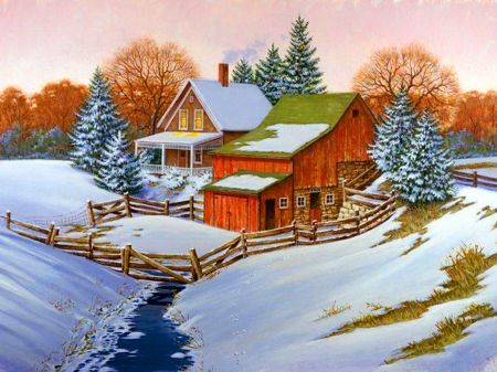 Winter enchantment - peaceful, serenity, painting, magic, creek, slope, winter, calm, cottages, quiet, countryside, trees, beautiful, houses, lovely, snow, village, enchantment, art, barn John Sloane Art, Red Barn Painting, Winter Scene Paintings, Winter Farm, Farm Paintings, Barn Painting, Barn Art, Painting Snow, Beautiful Art Paintings