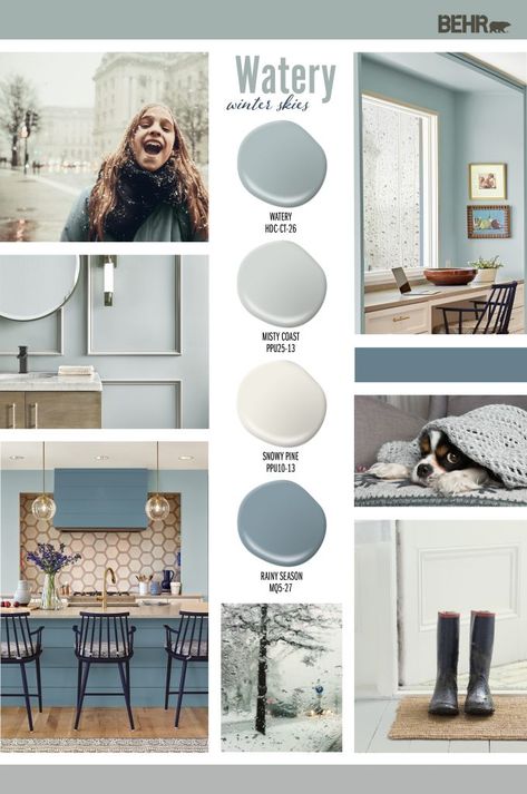 This Watery Winter Skies color palette is surprisingly warming. These colors remind us of the first touch of winter when tiny ice-crystals fall from the sky. The air is cold and crisp, and the fallen snow is just wet enough for making the perfect snowman.   These cool winter colors look beautiful in any room, … Quiet Time Behr Paint, Behr Snow Day, Shades Of Blue Accent Wall, Painted Chimney Interior, Behr Coastal Paint Colors Living Room, Light Drizzle Behr Paint, Behr Light Drizzle, Warm Light Blue Paint Colors, Behr Quiet Time