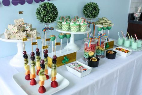 Sweet Tablescape from a Rainbow St. Patrick's Day Party via Kara's Party Ideas KarasPartyIdeas.com (30) St Patricks Day Dessert, Buffet Table Ideas, Rainbow Fruit Kabobs, Outdoor Engagement Party, Bday Themes, Day Party Ideas, Irish Party, Rainbow Garland, Cloud Decoration