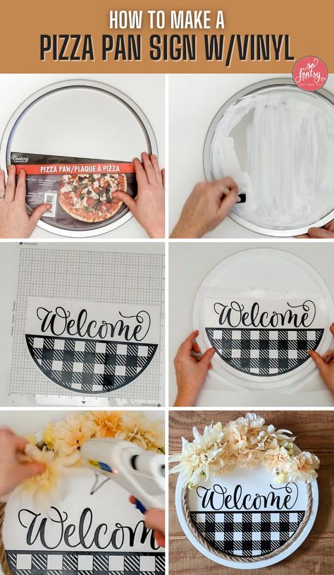 Dollar Store Pizza Pan Wreath, Cricut Pizza Pan Crafts, Pizza Pan Crafts Diy Dollar Tree With Placemat, Painting Pizza Pans, Pizza Pan Diy Dollar Stores, Pizza Pan Wreaths Diy, Pizza Tin Crafts, Pizza Pan Welcome Sign Diy, Crafts With Pizza Pans