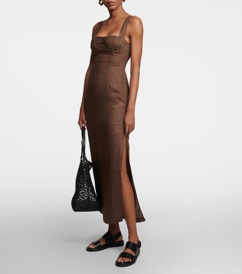 Bettina linen midi dress in brown - SIR | Mytheresa Alexander Mcqueen Clothing, Sir The Label, Linen Midi Dress, Europe Fashion, Linen Maxi Dress, Store Interior, Blue Midi Dress, Dress Outfit, Retail Store