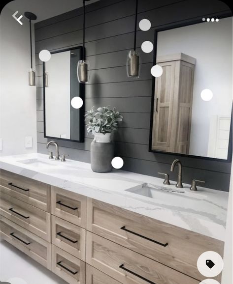 Master Shower Farmhouse, Showers With Black Fixtures, Farmhouse Master Bath Remodel, Dark Tile Master Bath, White Black Wood Bathroom, Modern Farmhouse Bathroom Vanities, Bathroom Remodel 2024 Trends, Grey And Wood Bathroom Ideas, Master Bathrooms 2024 Trends Modern