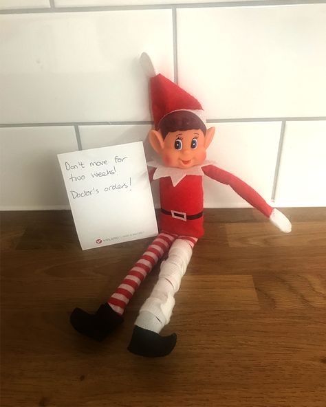 Fancy a few days off Elf on the Shelf? Wrap your elf's leg up with white VELCRO® Brand ONE-WRAP® Ties to make it look like it's in a plaster cast and leave a note from the doctor! A brilliant reason to not move your elf for a few days or weeks!!! Browse the rest of our Elf on the Shelf ideas on our blog at shop.velcro.co.uk. Elf On The Shelf Crutches, Elf On The Shelf Broken Leg, Elf Cast, Kids Misbehaving Elf On The Shelf, Elf On The Shelf Misbehaving Kids, Break A Leg, Elf On The Shelf Lapland Reveal, Elf Legs, Plaster Cast