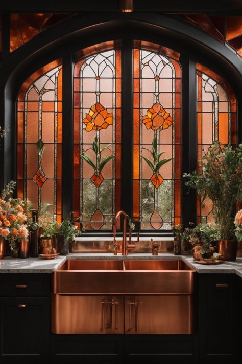 Enter a regal kitchen where copper takes center stage. The resplendent copper sink and fixtures glisten against dark cabinetry, evoking a sense of luxury. Majestic stained glass windows framed in copper arches, adorned with floral patterns, cast a dappled glow across the space. Lush flowers in copper pots bring a touch of nature's splendor. This kitchen is a harmonious blend of opulence, elegance, and craftsmanship, celebrating the exquisite beauty of copper in interior design. Copper Wall Art, Copper Wall, Dream House Interior, Stained Glass Window, House Goals, Dream Rooms, Dream House Decor, Pretty House, House Inspo