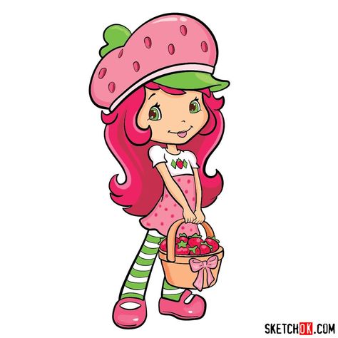 How to draw Strawberry Shortcake characters - SketchOk Strawberry Shortcake Cartoon Drawing, Stawberryshotcake Characters, Strawberry Shortcake Drawing Easy, Draw Strawberry Shortcake, Biscuit Drawing, Strawberry Shortcake Drawing, Strawberry Video, Strawberry Shortcake Tattoo, Draw Strawberry