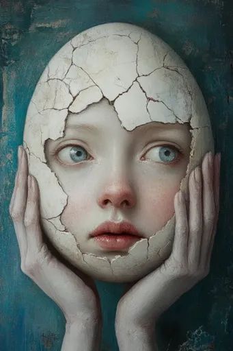 ↑↑↑ Larger size on website 🔸 The image depicts a young woman with a cracked egg-like face, suggesting fragility and vulnerability Surrealism Photography Portraits, Vulnerability Art, Artistic Portrait Photography, Ethereal Nature, Artistic Portrait, Surreal Portrait, Galleria D'arte, Cracked Egg, Surrealism Photography