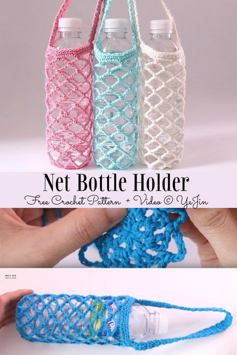 Water Bottle Holder Free Crochet Patterns - DIY Magazine Crochet Water Bottle Holder, Bottle Sling, Bottle Cozies, Bag Pattern Free, Water Bottle Holder, Diy Magazine, Pola Sulam, Water Bottle Holders, Creation Couture