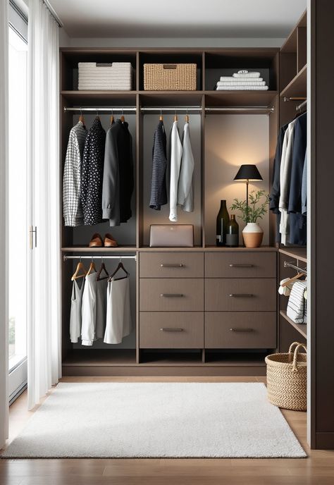 Walk in Closet Ideas L Shaped Walkin Closet, Built In Closet Drawers, L Shaped Walk In Closet, In Closet Drawers, L Shape Walk In Closet, Boutique Style Closet, Transitional Closet, Outfit Suggestions, Walk In Closet Ideas