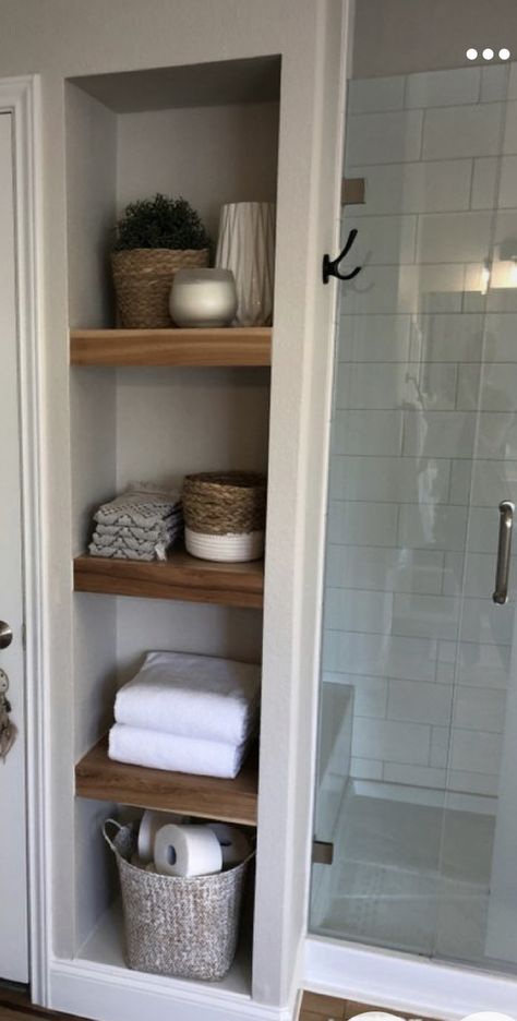 Floor To Ceiling Bathroom Shelves, Small Guest Bathroom With Shower Ideas, Small Bathroom With Linen Closet, Bathroom Shelves Decor Ideas Built Ins, Bathroom Shelf Built In, Bathroom Open Shelf Organization, Bathroom Towel Closet, Bathroom With Closet, Shelf Makeover