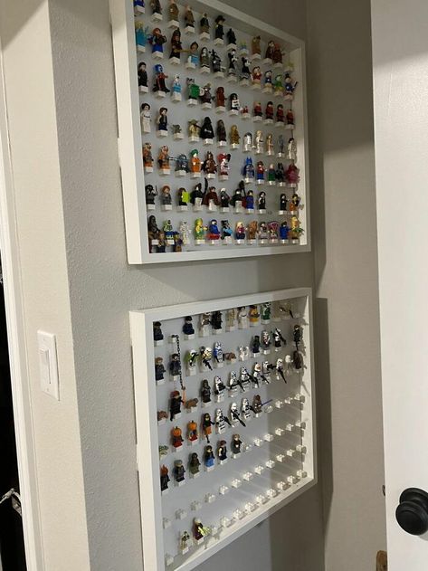 For Parents With Lots Of LEGO Mini Figures: Sannahed Frame Used (Took The Front Cover Off- Used Velcro Command Strips To Hang Them) Lennart Ikea, Command Shelves, Lego Shelves, Mini Figure Display, Ikea Picture Frame, Lego Minifigure Display, Ikea Pictures, Best Hacks, Ikea Pax Wardrobe