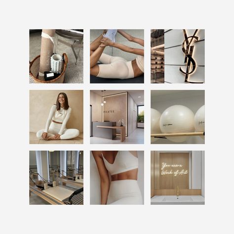 Neutral aesthetic pilates brand Neutral Pilates Aesthetic, Pilates Mood Board, Pilates Branding, Aesthetic Pilates, Vibe Mood, Studio Vibes, Brand Moodboard, Pilates Poses, Neutral Aesthetic