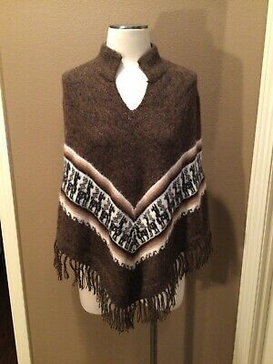 Puruvian Poncho Sweater W Frindge Black Brown White Knit Mohair W Llamas O/S | eBay Peruvian Poncho, Poncho Sweater, Women's Sweaters, Llama, Ebay Store, Black And Brown, Sweaters For Women, Knitting, White