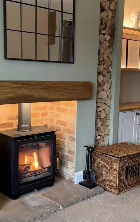 Log Burner Living Room Wood Storage, Open Plan Cottage Kitchen Living Room, Open Plan Kitchen Lounge Ideas, Wood Burner Media Wall, Log Burner Hearth, Cassette Fireplace Ideas, Log Burner Tiles, Kitchen Lounge Ideas, Corner Log Burner Ideas