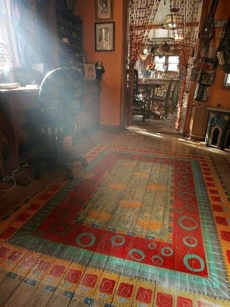 I'm seeing the awesome painted floor board...'rad bohemian office with beaded doorway' by ZoeDuJour, via Flickr - Boho Wood Floors, Floor Art Painted, Painted Floor Rug, Painted Rug On Deck, Painted Rugs On Wood Floors, Paint Rug, Stenciled Floors, Painted Rugs, Painting Floors