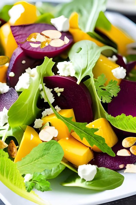 Beet and Mango Salad with Citrus Dressing - Vegan Focus Citrus Dressing Recipe, Salad With Citrus Dressing, Home Cooked Dinner, Vegan Lentil Burger, Garden Salad Recipe, Salad With Citrus, Raw Breakfast, Roasted Red Pepper Dip, Lemon Garlic Pasta