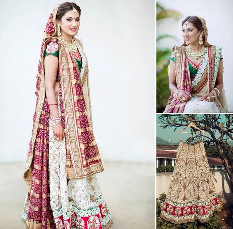 An ivory and maroon bandhani lehenga by Ekru is a perfect for Real Brides of WeddingSutra. #weddingsutra #bridallehenga #lehenga #Indianbride #Indianoutfit #bridallook #weddingideas #desibride #bride #bridaloutfit #designer #ecru #ivory #gold Gujarati Bride Panetar Lehenga Choli, Panetar Lehenga Gujarati, Gujrati Bride Gharchola, Panetar Lehenga, Gujarati Bride, Bandhani Lehenga, Top Lehenga, Orang India, Sari Lehenga