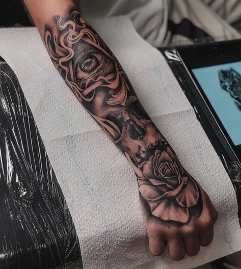 Tattoo Ideas For Men Forearm Half Sleeves Japanese, Tattoo Outer Arm, Forearm Half Sleeve Tattoos, Mens Half Sleeve Tattoo Forearm, Men Tattoo Ideas Forearm Half Sleeves, Skull Forearm Tattoo, Outer Forearm Tattoo Men, Realism Tattoo Sleeve, Arm Tattoos For Guys Forearm