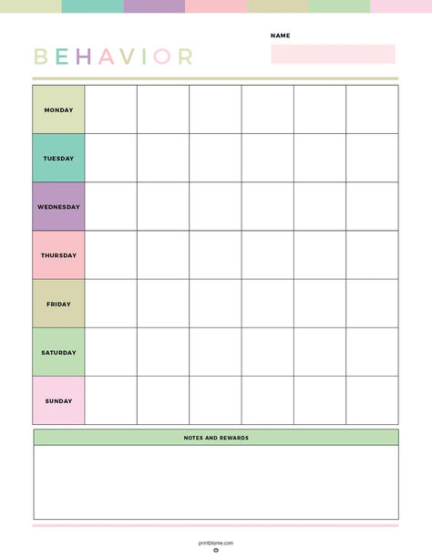 Behavior habit tracker with daily columns for recording behaviors and a section for notes and rewards. Behavior Logs For Teachers, Behavior Tracking Sheet Free Printable, Behavior Charts For The Home Printable, Printable Behavior Chart, Behavior Chart For Kids, Free Printable Behavior Chart, Behavior Log, Rewards Chart, Good Behavior Chart