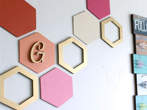 Hexagon Wall Art | Geometric Wall Art | CraftCuts.com Hexagon Diy, Hexagon Wall, Wood Hexagon, Circle Crafts, Art Appliqué, Wooden Cutouts, Shape Crafts, Geometric Wall Art, Spring Diy