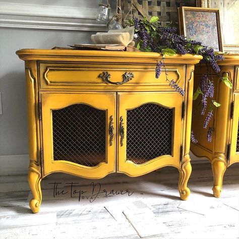 Furniture Paint Colors, Yellow Dresser, Colonel Mustard, Painted Furniture Ideas, Painted Bookshelves, Vintage Writing Desk, Hand Painted Dressers, Old Coffee Tables, Vanity Makeover