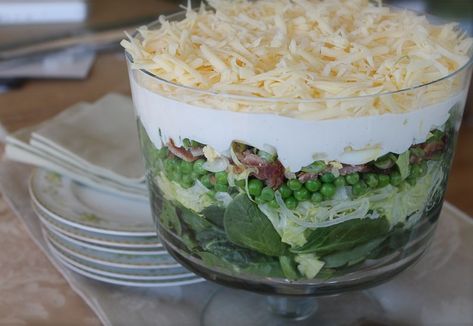 Seven Layer Spinach Salad - close to my Mom's recipe 7 Layer Spinach Salad, Layered Spinach Salad With Peas, Layered Spinach Salad, Peas Bacon, Jarlsberg Cheese, 7 Layer Salad, Layer Salad, Seven Layer Salad, Spinach Salad Recipes