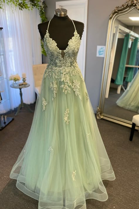 Tiana Inspired Dress Prom, Tiana Inspired Prom Dress, Green Grad Dress, Sage Green Prom, Light Green Prom Dress, A Line Dress Formal, Sage Green Prom Dress, Hoco Ideas, Mums Wedding