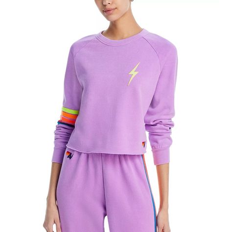 Color: Neon Purple Rainbow Size: S Crewneck Long Sleeves With Stripes Pullover Style Lightening Bolt Logo At Front 50% Cotton/38% Polyester/12% Rayon Aviator Nation Lightning Bolt, Lightning Bolt Logo, Bolt Logo, Maternity Sleepwear, Purple Rainbow, Aviator Nation, Black Aviators, Black Tank Dress, Neon Purple