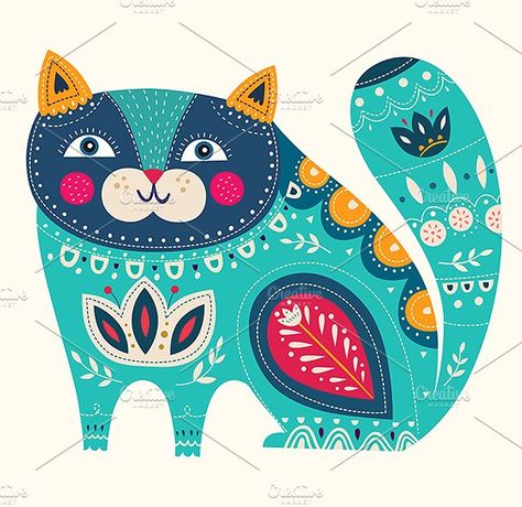 Illustration with cat and flowers by MoleskoStudio on @creativemarket Scandinavian Graphic, Trend 2025, Folk Art Cat, Arte Folk, Paint Rocks, Kitty Art, Folk Art Flowers, Cat Vector, Cat Clipart