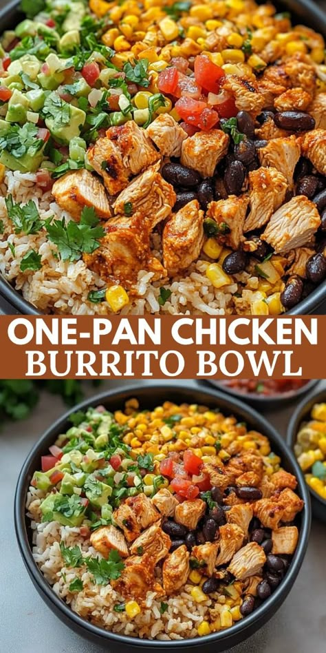 The One-Pan Chicken Burrito Bowl is a quick and nutritious meal that's perfect for busy weeknights.  In just 30 minutes, you can prepare a delicious dish featuring seasoned chicken, rice, beans, and colorful veggies, all cooked together in one pan. Healthy Meal Ideas With Chicken, Healthy Dinner Recipes Rice Bowl, Healthy One Bowl Meals, Easy Chicken Lunch Recipes Healthy, Chicken Burrito Bowl Stove Top, 20 Minute Chicken Recipes, Cheap Healthy Quick Meals, Bowl Meal Ideas, Dinner Recipes Rice Bowls