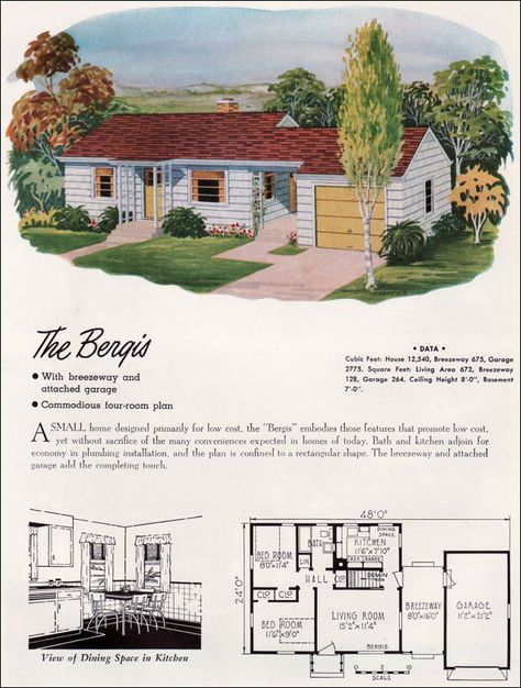 1952 National Plan Service - the Bergis [672 sq ft] Mid Century Ranch House, Printable House, Mid Century Ranch, Sims Houses, Small Modern Home, Vintage House Plans, Sims House Plans, American Architecture, Ranch House Plans