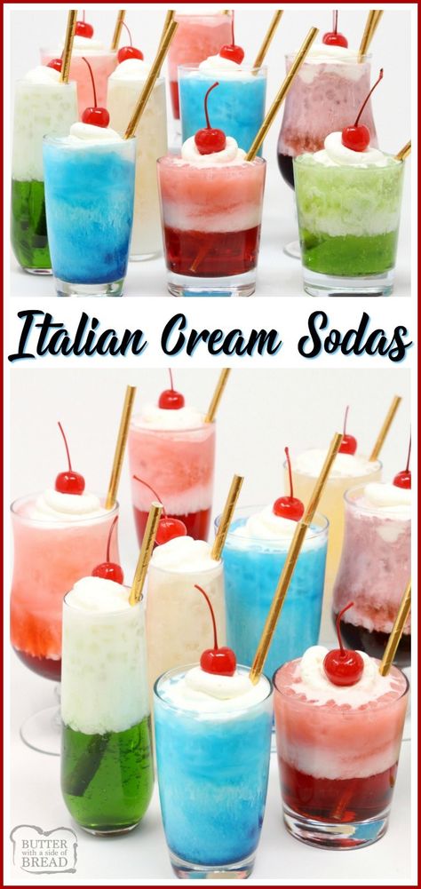 Italian Cream Soda Recipe made with sweet syrups, cream and club soda. It's a delicious & festive beverage for any special occasion! Easy #holiday #drink recipe from Butter With A Side of Bread Italian Cream Soda Recipe, Cream Soda Recipe, Everyday Drinks, Italian Cream Soda, Drinks To Make, Soda Bar, Drink Party, Italian Cream, Homemade Soda