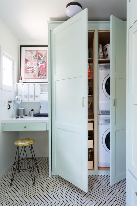 10 hidden laundry cabinet ideas that hide away the clutter | Hidden Door In Laundry Room, Laundry In Kitchen Ideas Hidden, Hidden Washer And Dryer In Kitchen, Outdoor Washer And Dryer Ideas, Laundry Cabinet Ideas, Hidden Laundry Rooms, Laundry Cabinet, Hidden Laundry, White Laundry Rooms