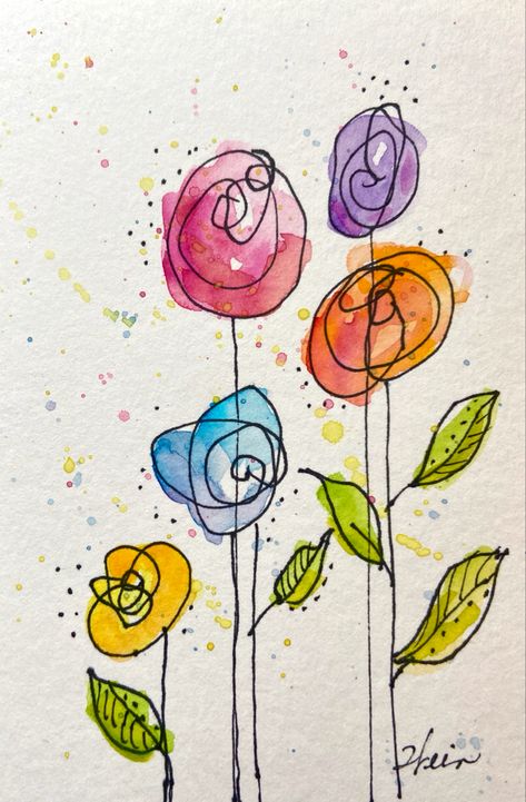 Paint Dauber Art, Whimsical Watercolor Birthday Cards, How To Paint Whimsical Flowers, Art Journaling Ideas For Beginners, Whimsical Watercolor Flowers, Reverse Coloring Ideas, Watercolor With Pen Outline, Whimsical Art Paintings Watercolour, Watercolor Doodles Flowers