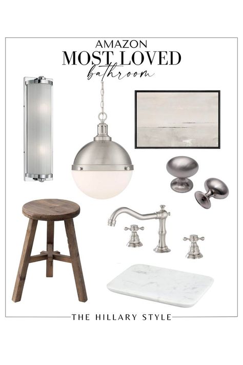 Brushed Nickel Hardware Bathroom, Brushed Nickel And Brass Bathroom, Brushed Nickel Bathroom Fixtures, Satin Nickel Bathroom Fixtures, Salt Aesthetic, Restoration Hardware Look For Less, Bathroom Fixtures Brushed Nickel, Farmhouse Powder Room, Restoration Hardware Look