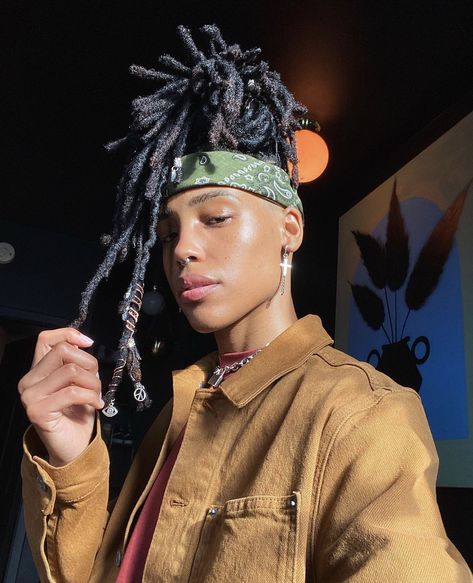 Bandana With Locs Men, Afro Punk Hairstyles, Gender Euphoria, Stud Outfits, Twists Hairstyles, African Arts, Tomboy Hairstyles, Hairstyle Men, Dreadlock Hairstyles For Men