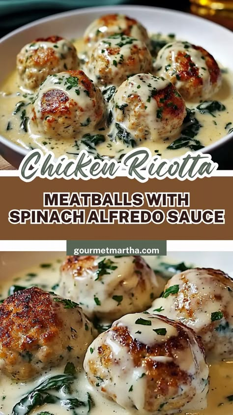 These juicy chicken ricotta meatballs are perfectly tender, paired with a rich and creamy spinach Alfredo sauce. This easy and flavorful dish will become your go-to comfort meal for any night of the week. Surprise your taste buds – full recipe inside #chickenmeatballs #ricottarecipes #alfredosauce #easychickendinner #spinachrecipes #comfortfood #pastarecipes #dinnerinspo #creamyrecipes #homecooking Chicken Ricotta Meatballs With Alfredo, Chicken Ricotta Meatballs With Spinach Alfredo Sauce, Ricotta Meatballs Ground Beef, Turkey Ricotta Meatballs, Ricotta Chicken Meatballs, Chicken Ricotta Meatballs With Spinach, Sauce For Chicken Meatballs, Chicken Ricotta Meatballs, Spinach Alfredo Sauce