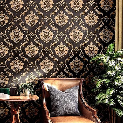 Gold Damask Wallpaper, Wallpaper House Design, Wallpaper Designs For Walls, 3d Wallpaper Design, Modern Wallpaper Designs, Golden Wall, Wall Stickers Wallpaper, Wallpaper Walls Decor, Wall Vinyl Decor