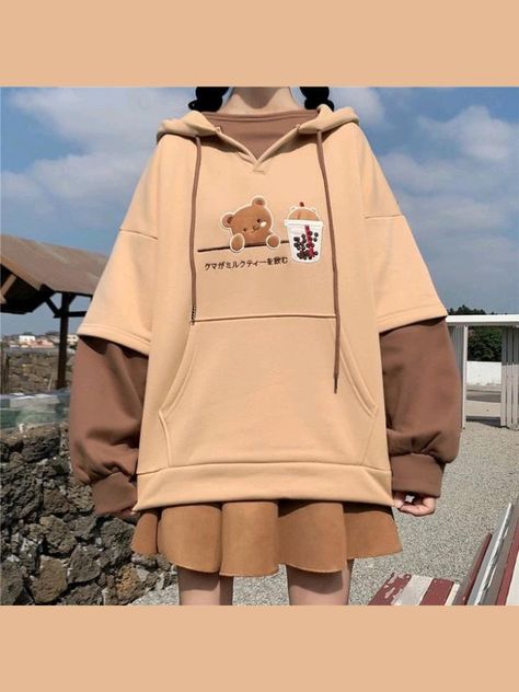 Over Sized Hoodie Outfit Korean, Hoddies Outfits Woman, Aesthetic Hoodie Design, Bear Anime, Hoddies Outfits, Korean Hoodie, Clothes Kawaii, Kawaii Hoodies, Kawaii Hoodie