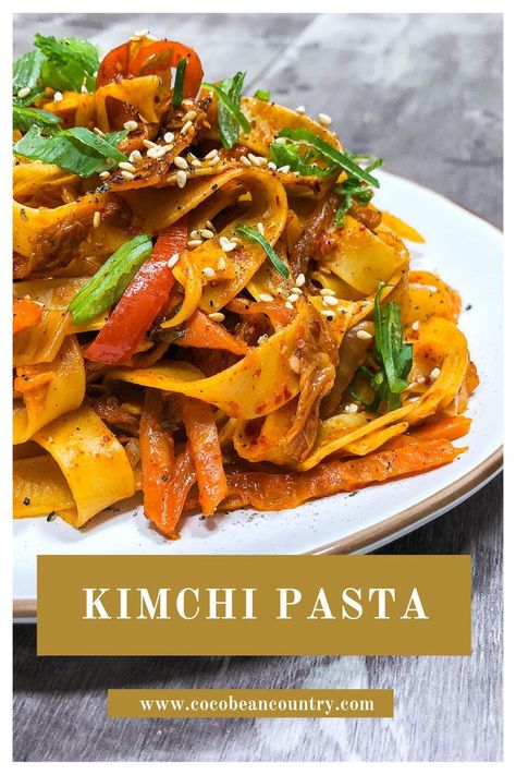 Using well fermented kimchi and pairing it with butter, carrots and bell peppers make this pasta dish special. Kimchi Pasta, Fermented Kimchi, Butter Carrots, Pasta Dish, Bell Peppers, Kimchi, Japchae, Pasta Dishes, Thai Red Curry